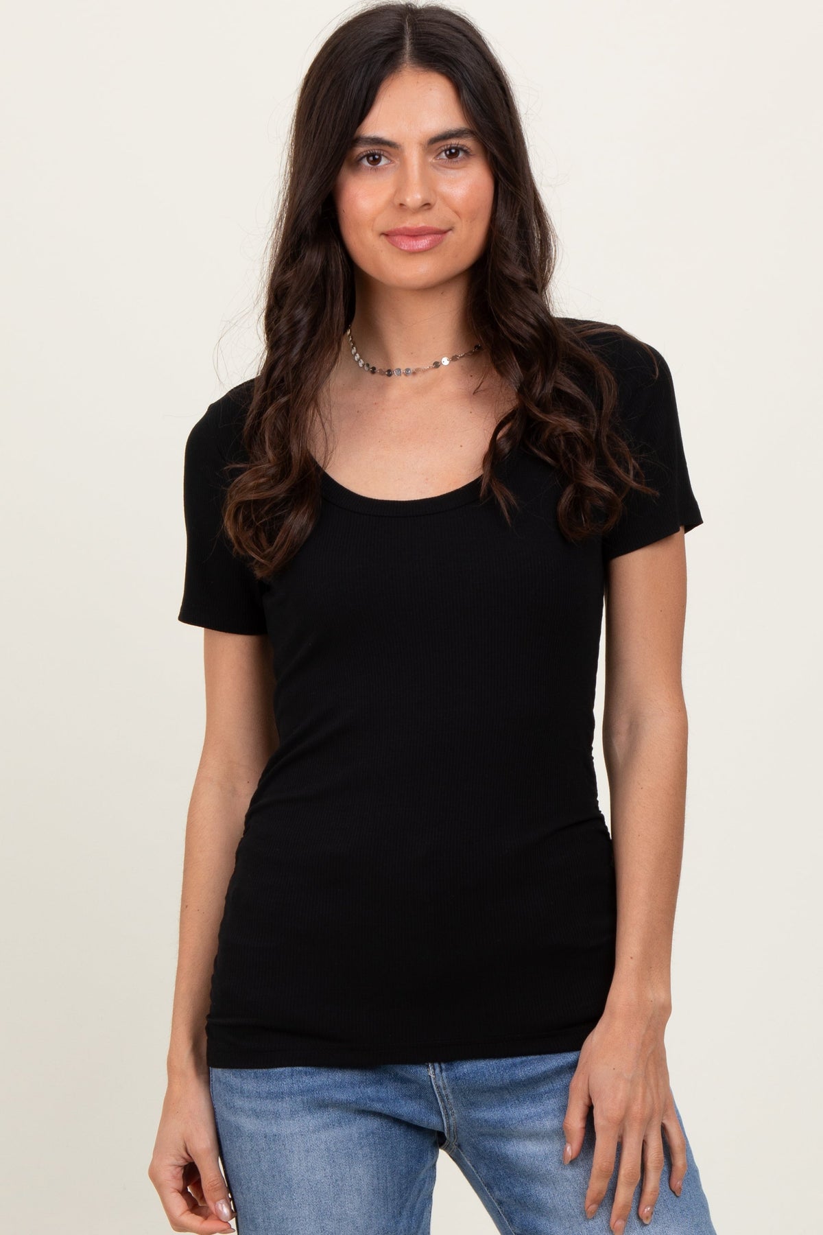 Black Ribbed Scoop Neck Short Sleeve Maternity Top