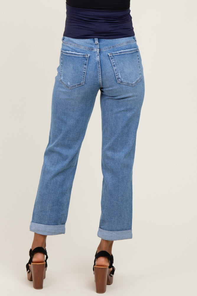 Blue High Rise Cuffed Boyfriend Maternity Jeans