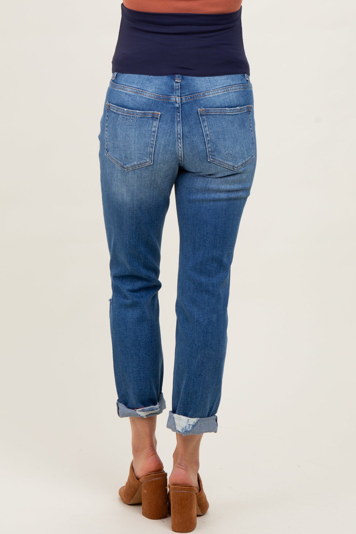 Blue High Rise Distressed Cuffed Boyfriend Maternity Jeans