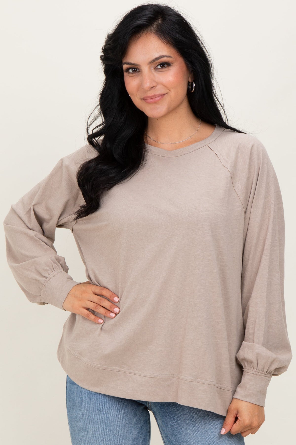 Taupe Oversized Cotton Slub Long Sleeve Maternity Top
