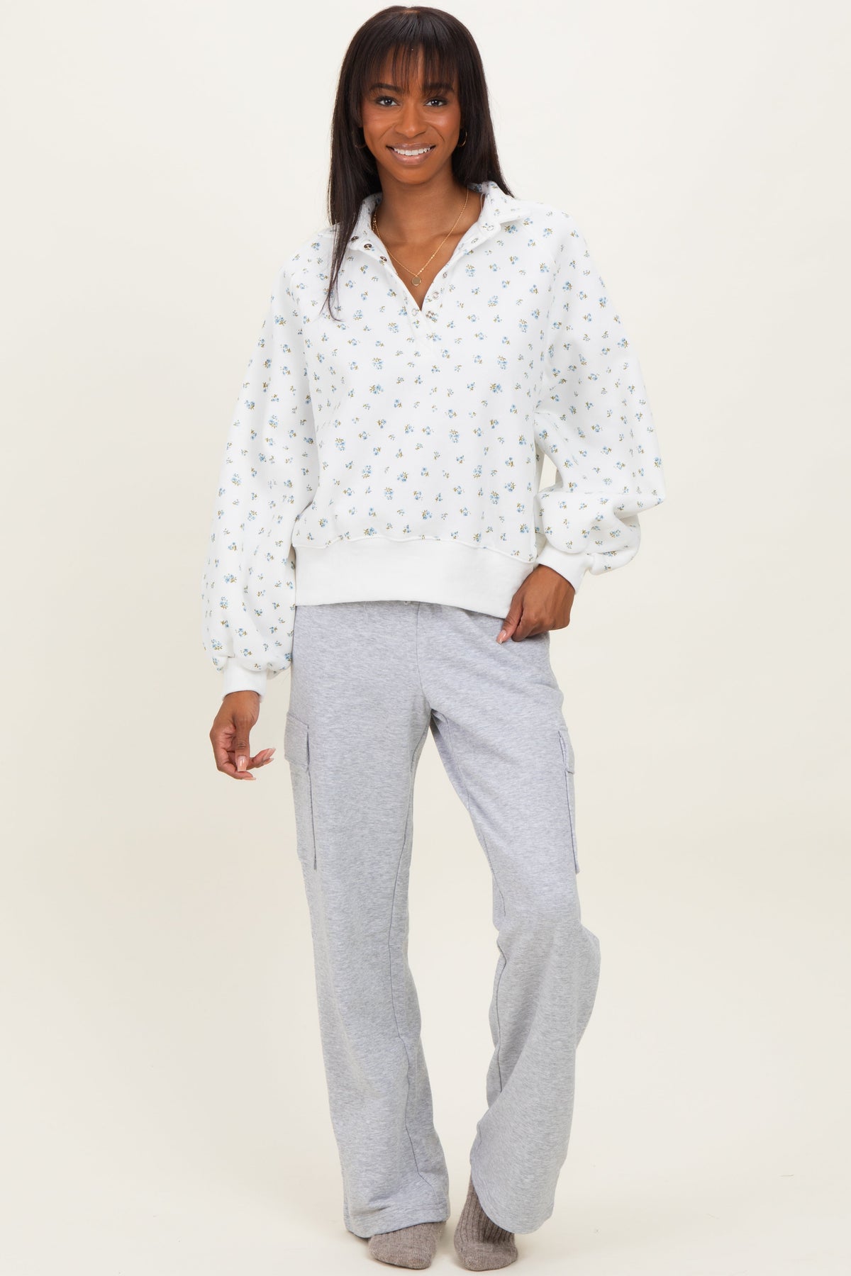 Ivory Floral Bubble Sleeve Snap Collar Maternity Sweatshirt