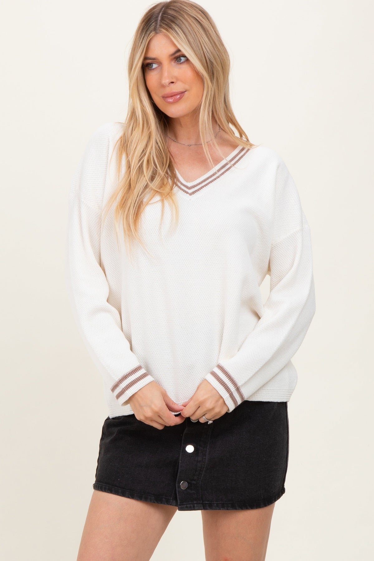 Ivory Deep V-Neck Border Stripe Maternity Sweater