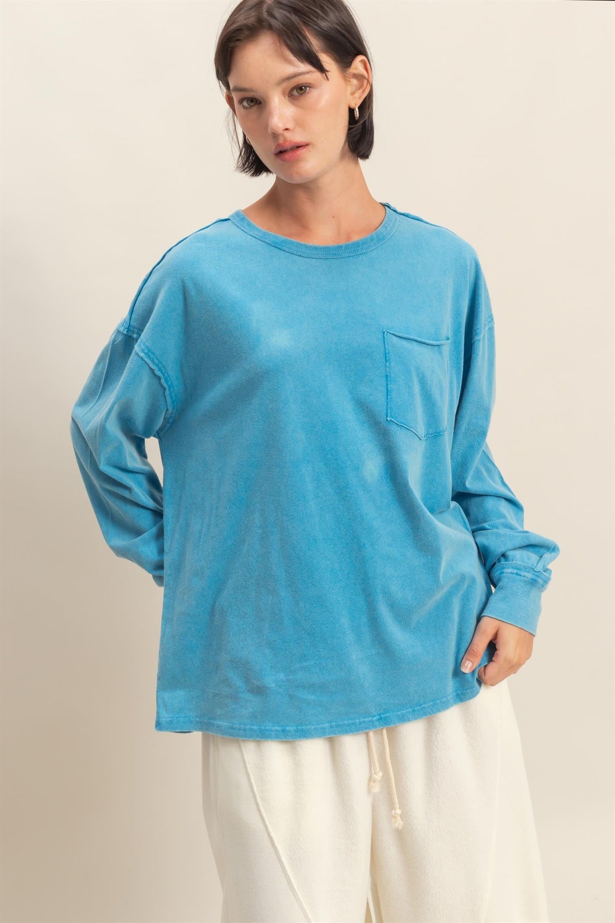 Aqua Oversized Washed Long Sleeve Pocket Maternity Top