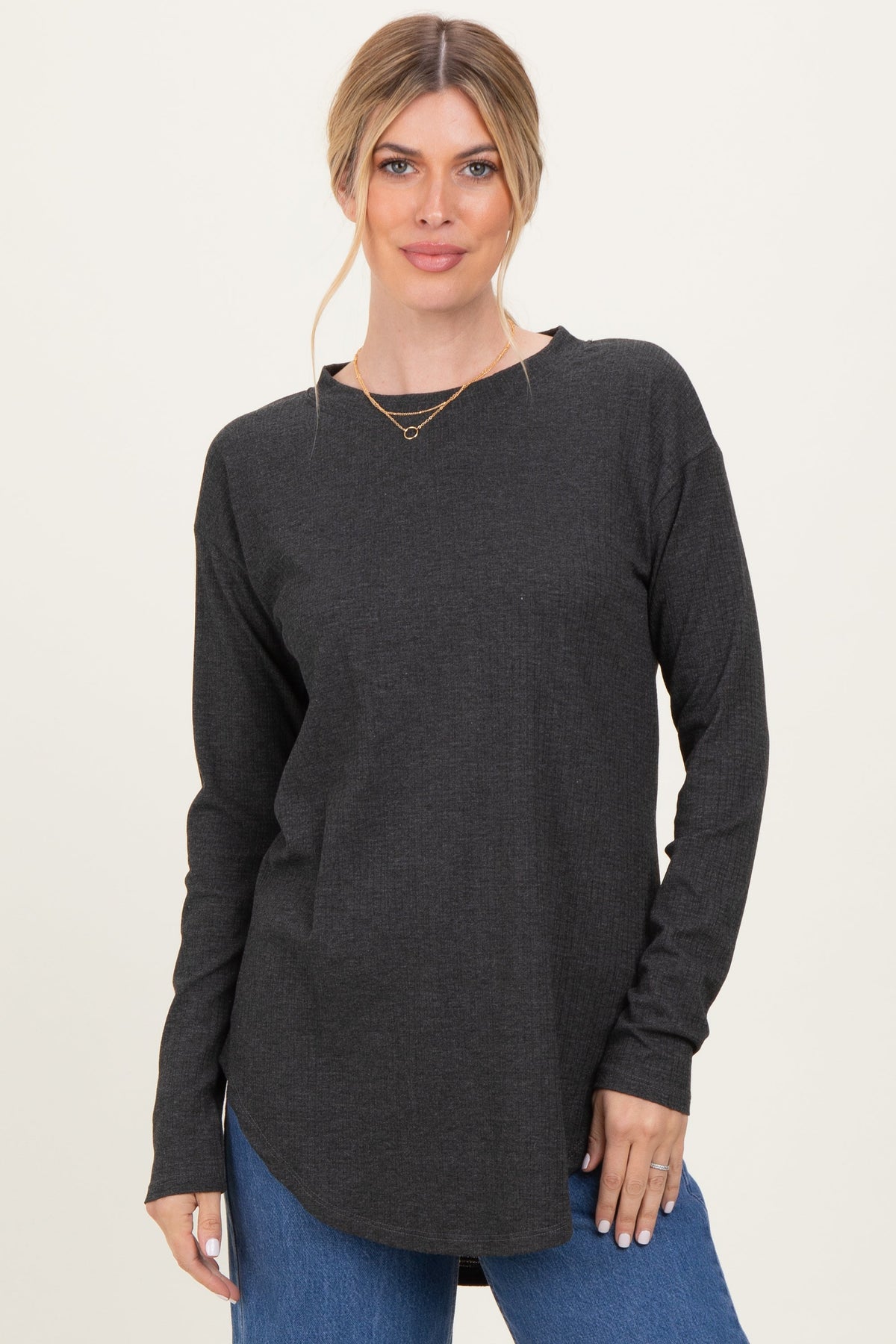 Charcoal Long Sleeve Round Hem Textured Maternity Top