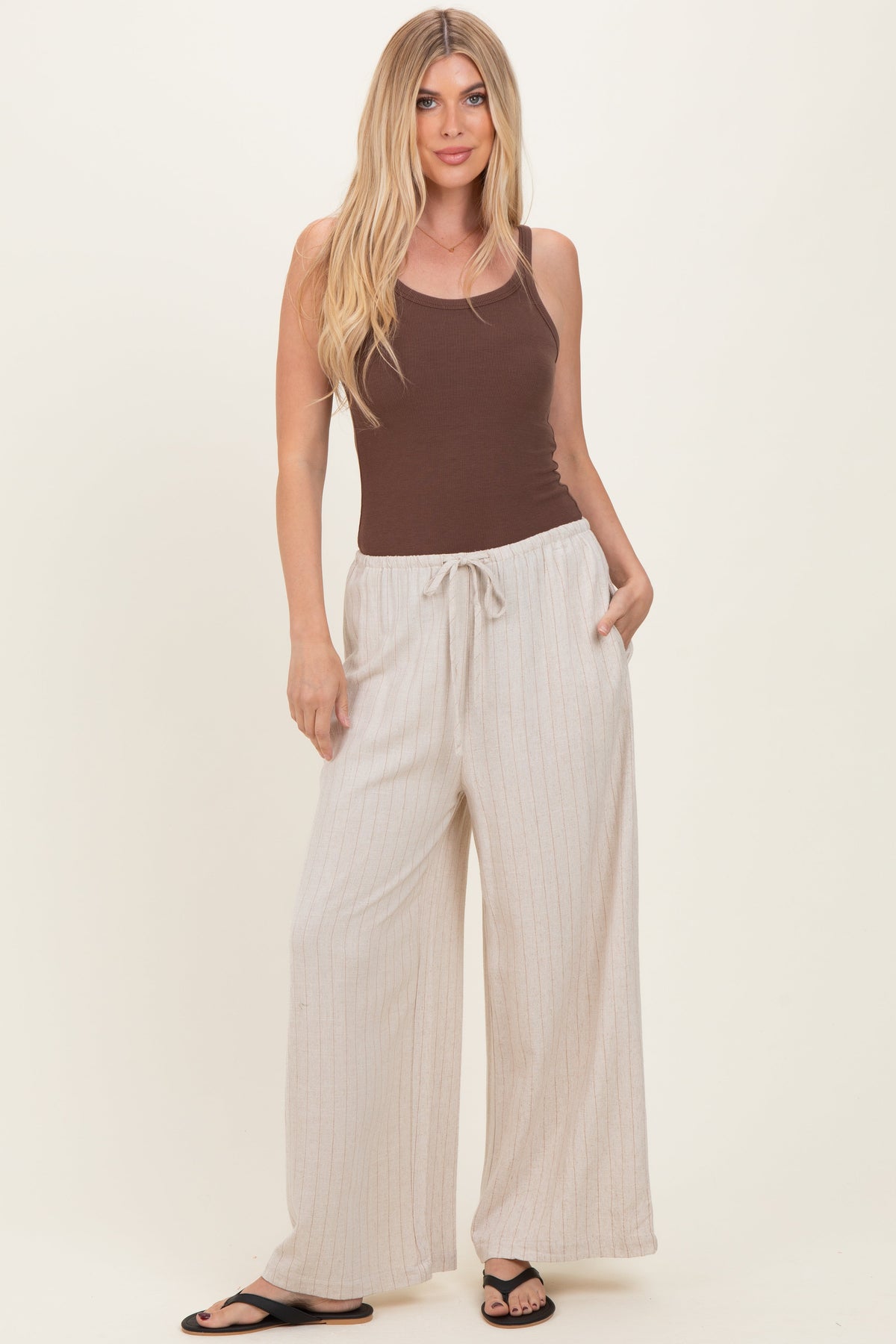 Oatmeal Pinstripe Drawstring Maternity Linen Pants