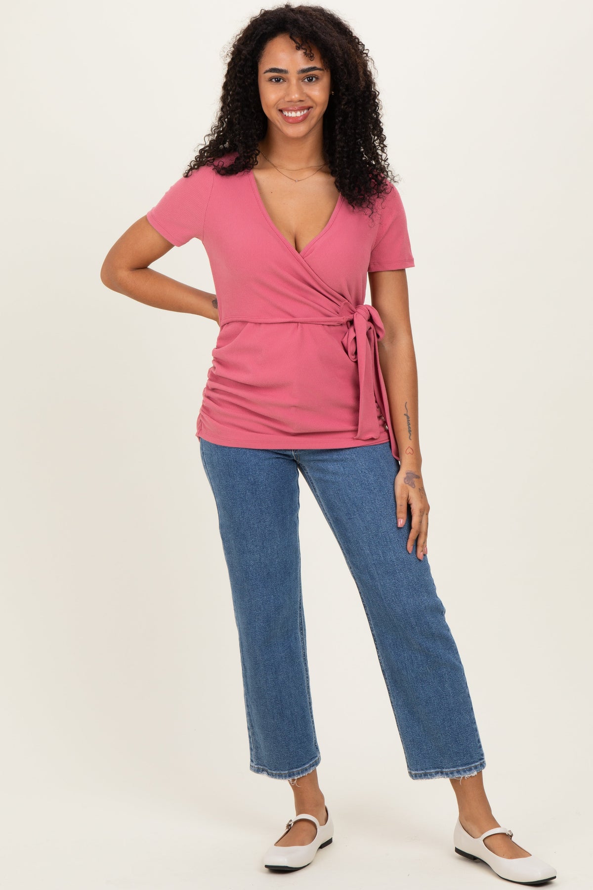 Light Pink Wrap Front Tie Maternity/Nursing Top
