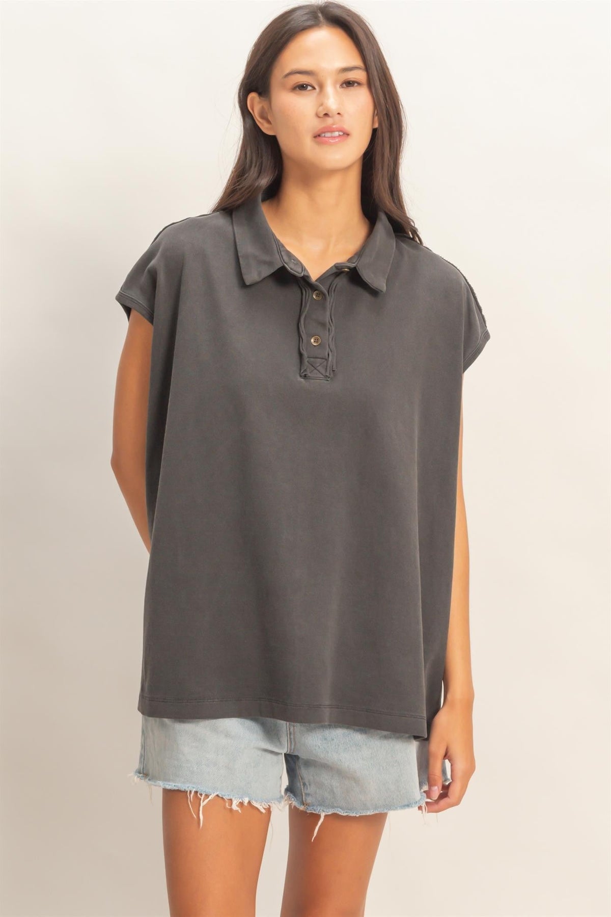 Black Pigment Dye Sleeveless Polo Oversized Maternity Top
