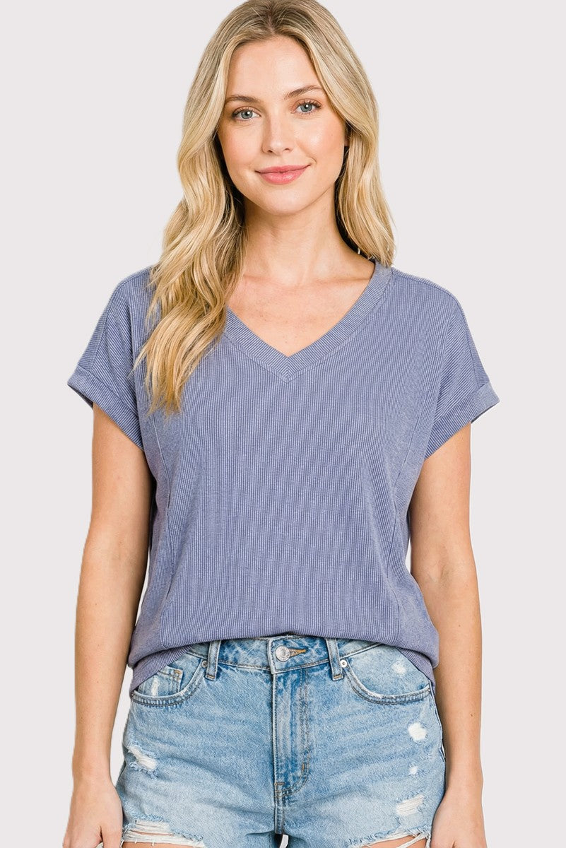 Blue Ribbed V-Neck Short Sleeve Maternity Top