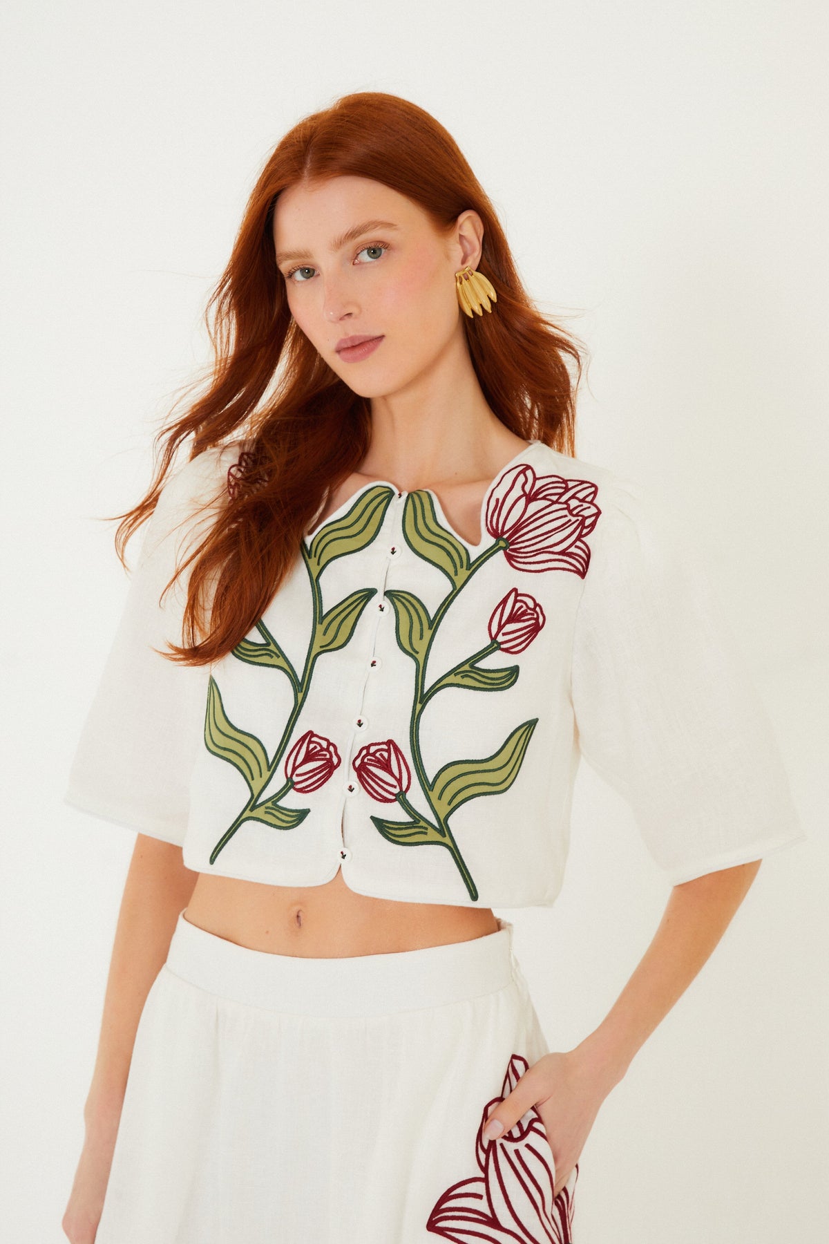 Off-White Flower Embroidered Crop Top
