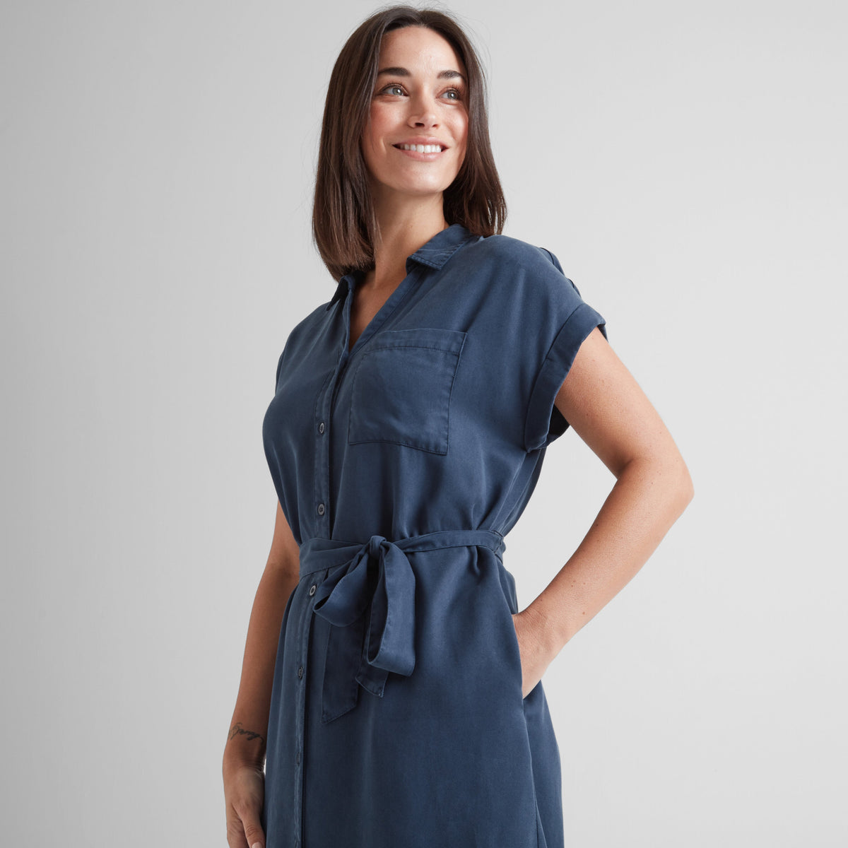 Lenira Womens Relaxed Fit Luxurious Tencel Lyocell Shirt Dress - Dark Denim