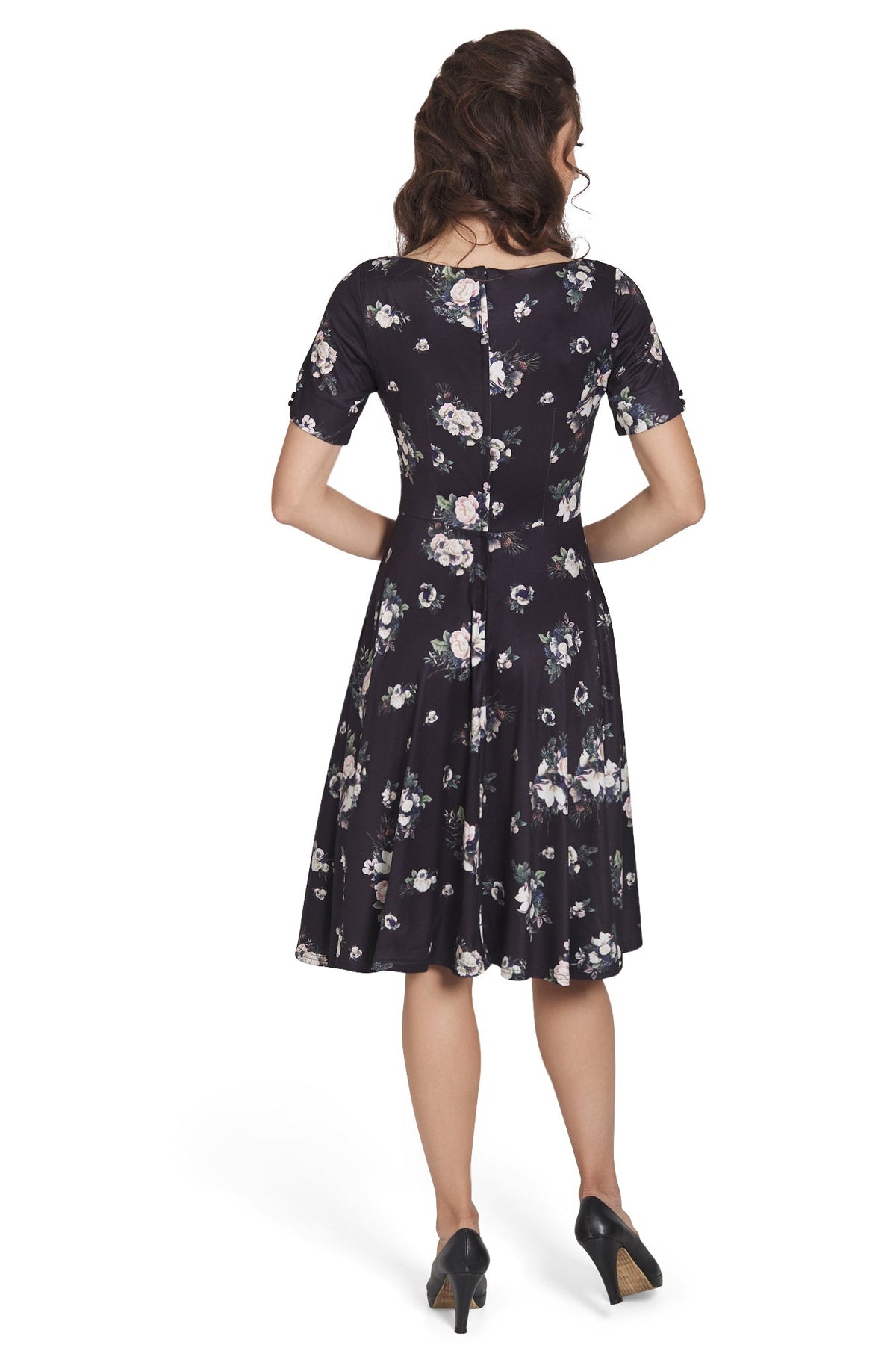 Brenda Black Floral Flared Dress