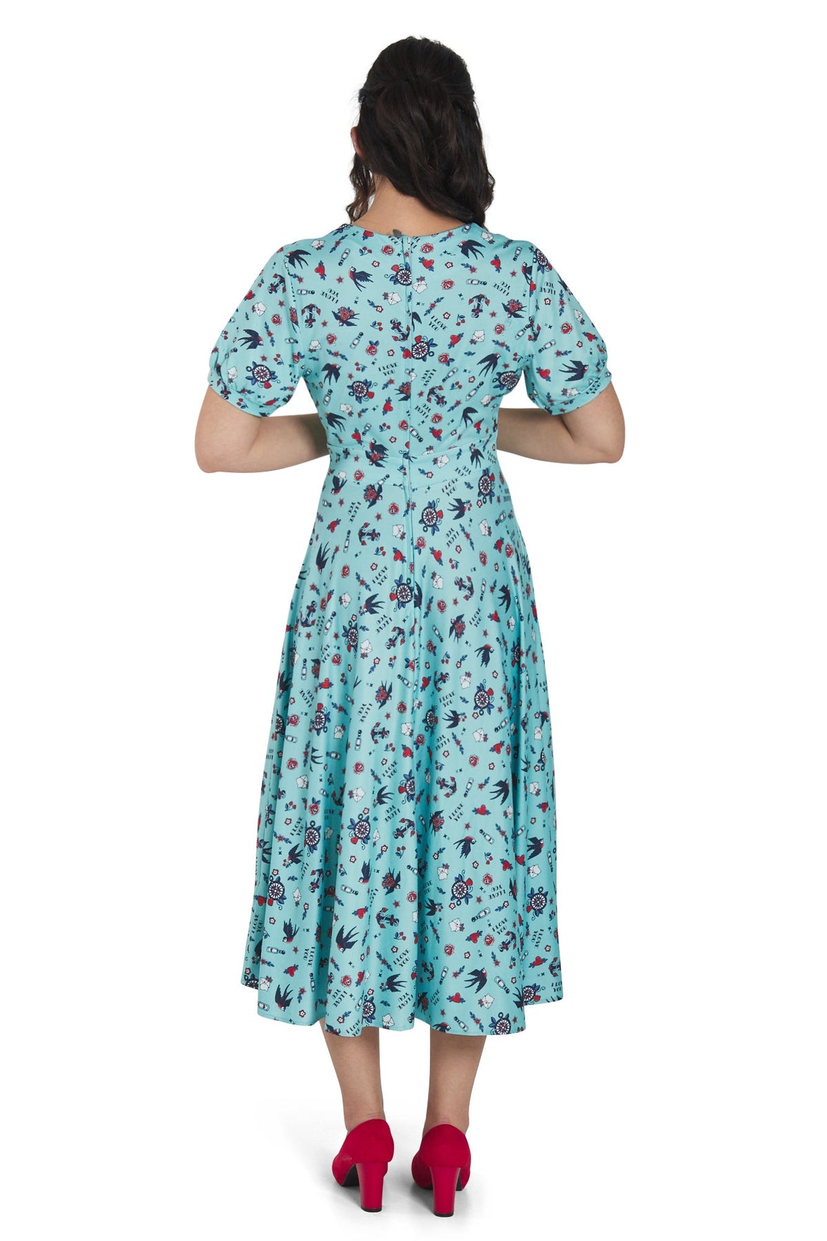 Julia Blue Rockabilly Swallow Sleeved Dress