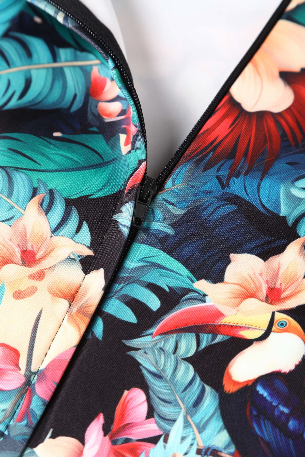 Norma Cross Strap Pencil Dress in Black Toucan Print