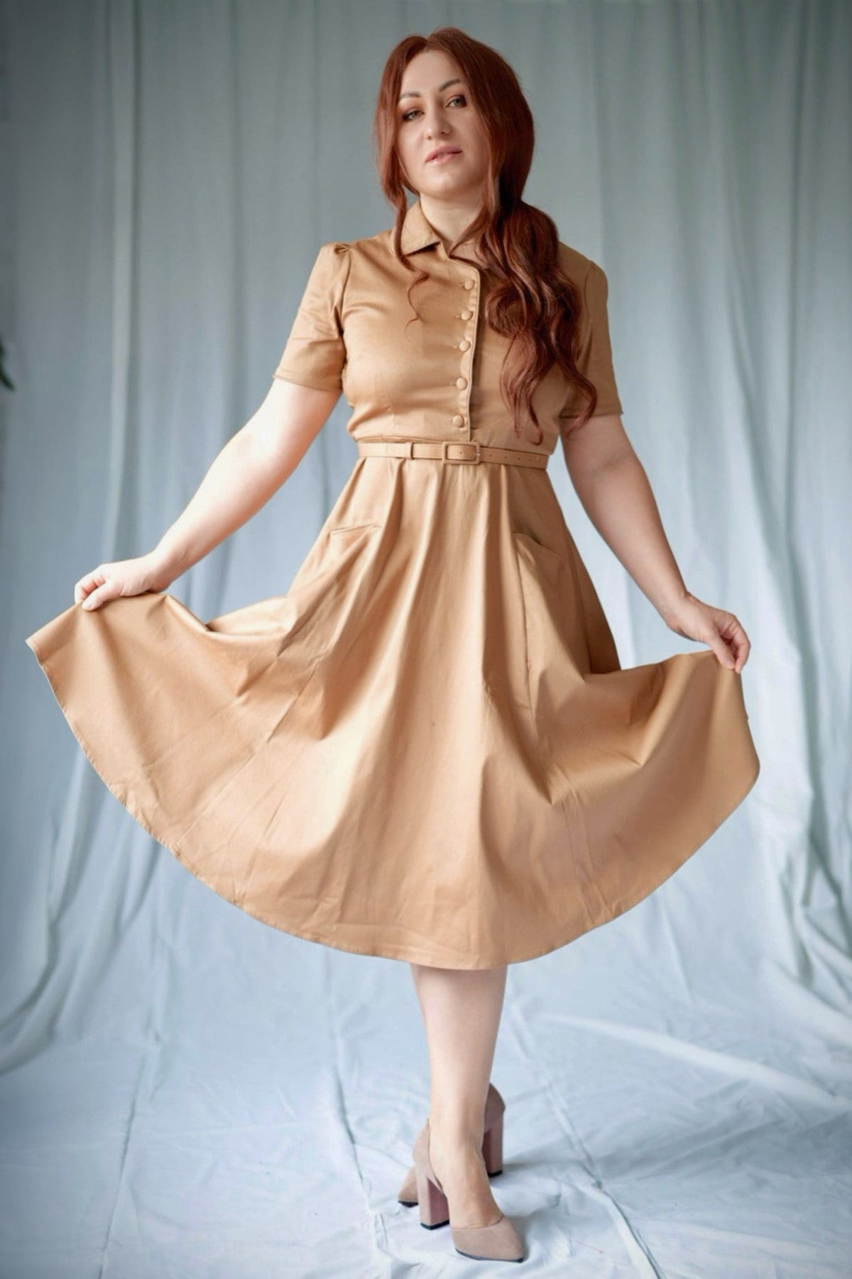 Mabel Khaki Cream Midi Shirt Dress