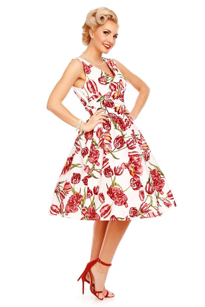 May V-neck 50s Style Floral Dress in White-Pink Tulip