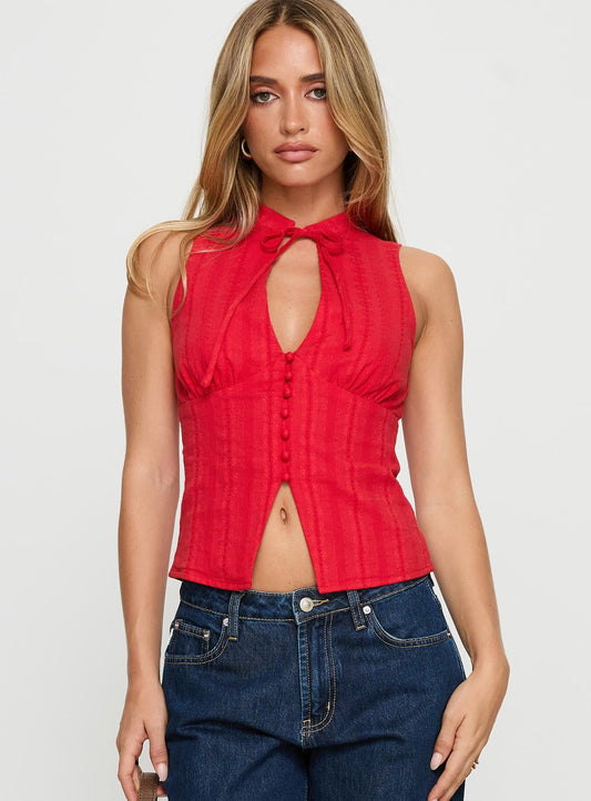 Tempting Tie Detail Top Red