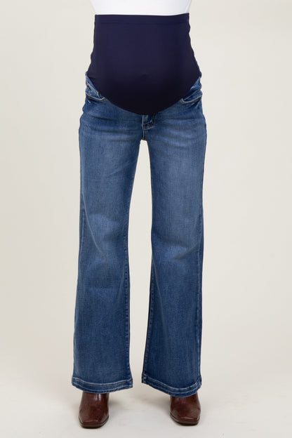Navy Washed Wide Leg Maternity Jeans