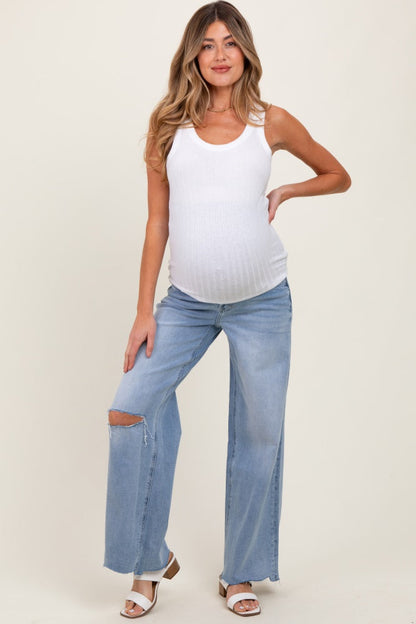 Light Blue Ripped Knee Uneven Raw Hem Wide Leg Maternity Jeans