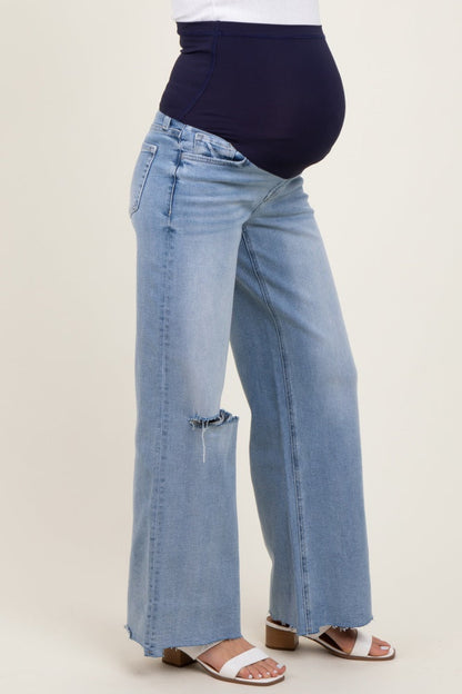 Light Blue Ripped Knee Uneven Raw Hem Wide Leg Maternity Jeans