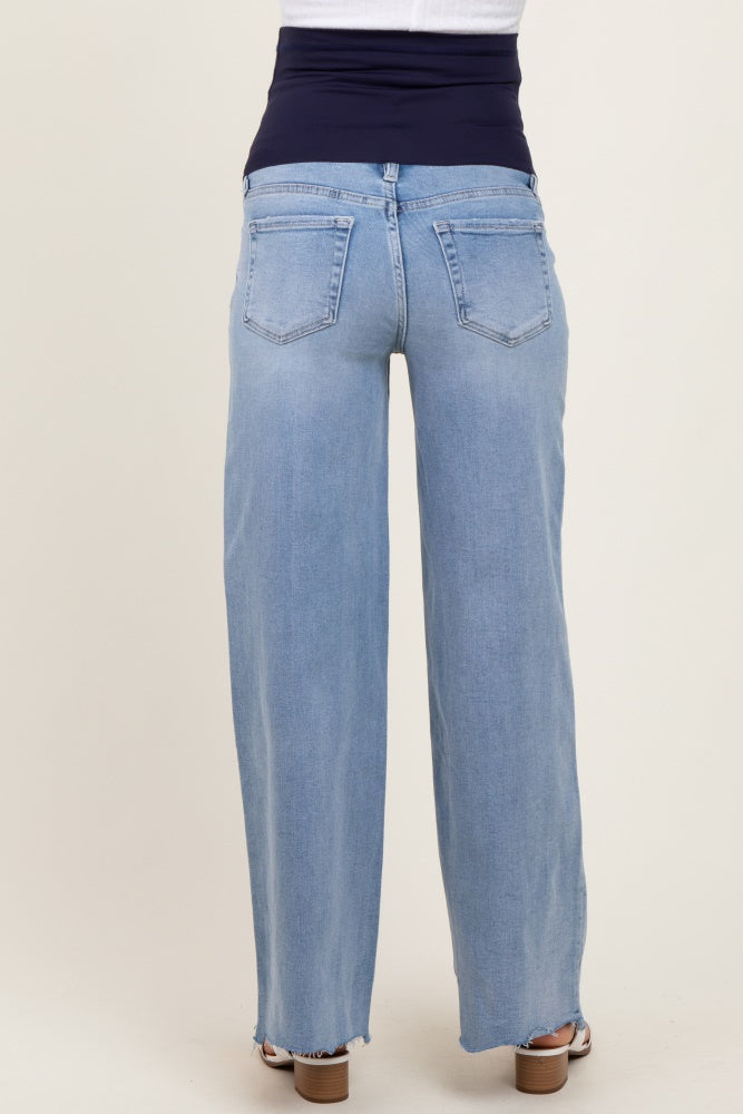 Light Blue Ripped Knee Uneven Raw Hem Wide Leg Maternity Jeans
