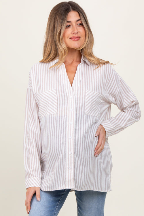 Beige Striped Double Pocket Maternity Button Down Top