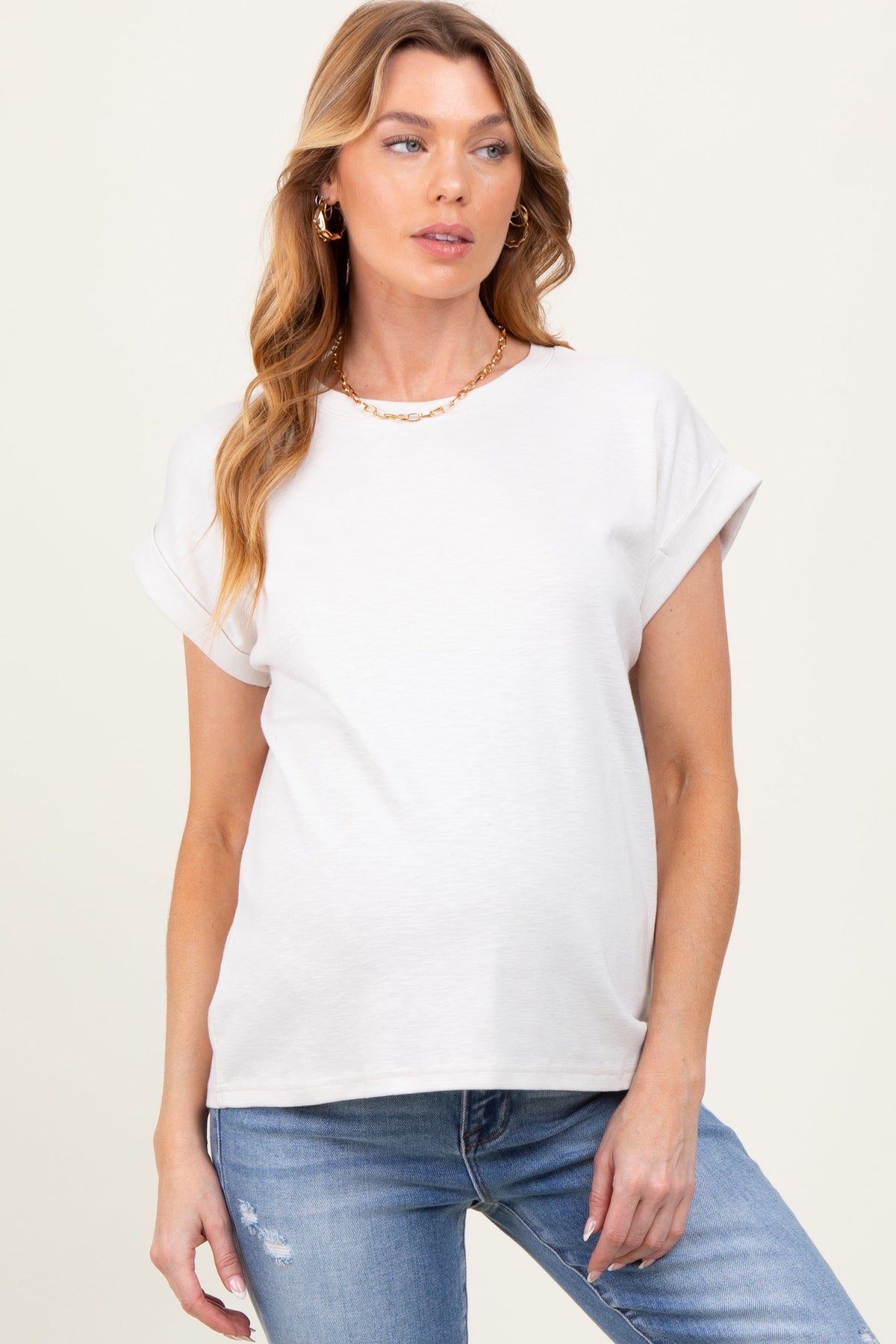 Cream Rolled Short Sleeve Maternity Tee