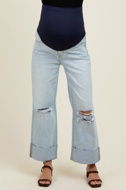 Light Blue Distressed Knee Cropped Cuffed Baggy Wide Leg Maternity Jeans