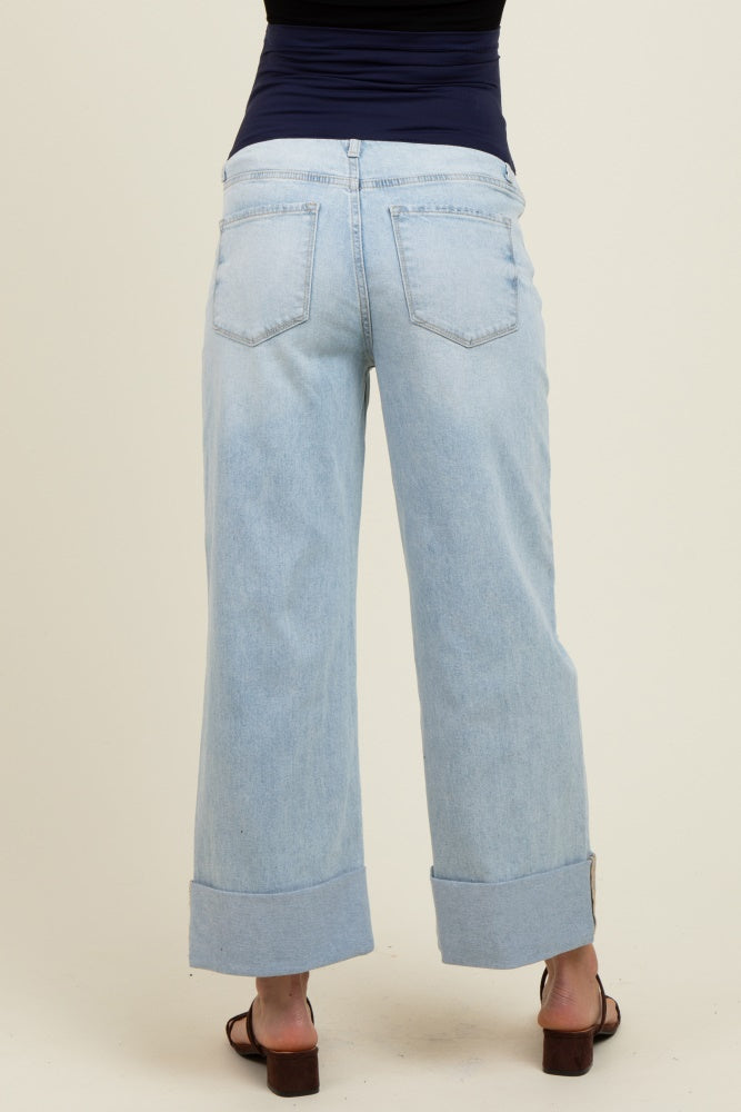 Light Blue Distressed Knee Cropped Cuffed Baggy Wide Leg Maternity Jeans