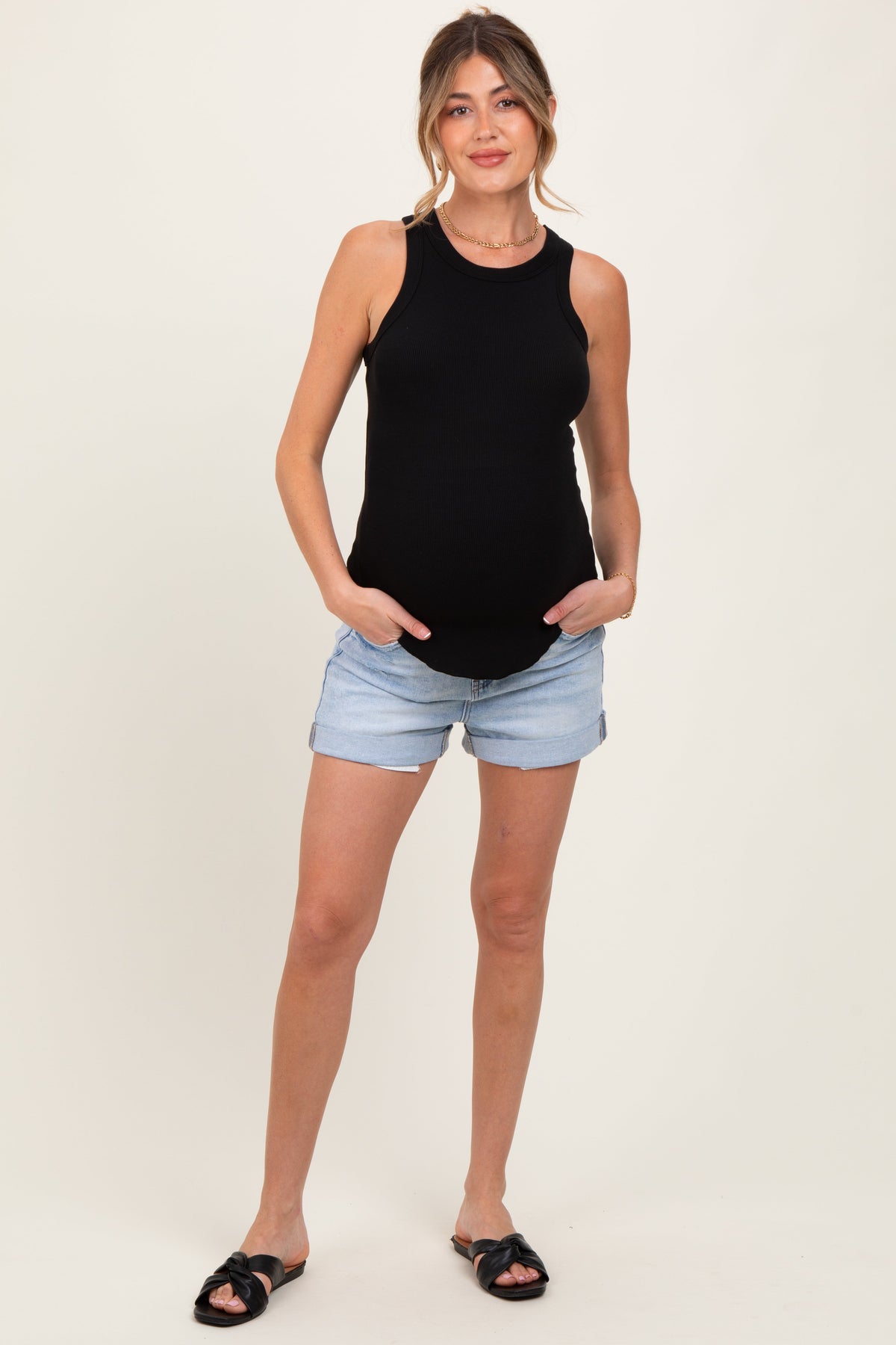 Light Blue Distressed Rolled Cuff Maternity Jean Shorts