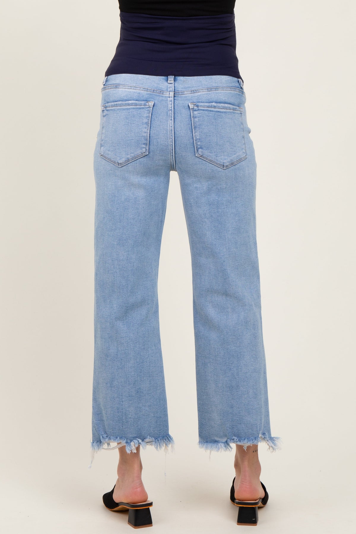 Light Blue Fringe Hem Cropped Straight Leg Maternity Jeans