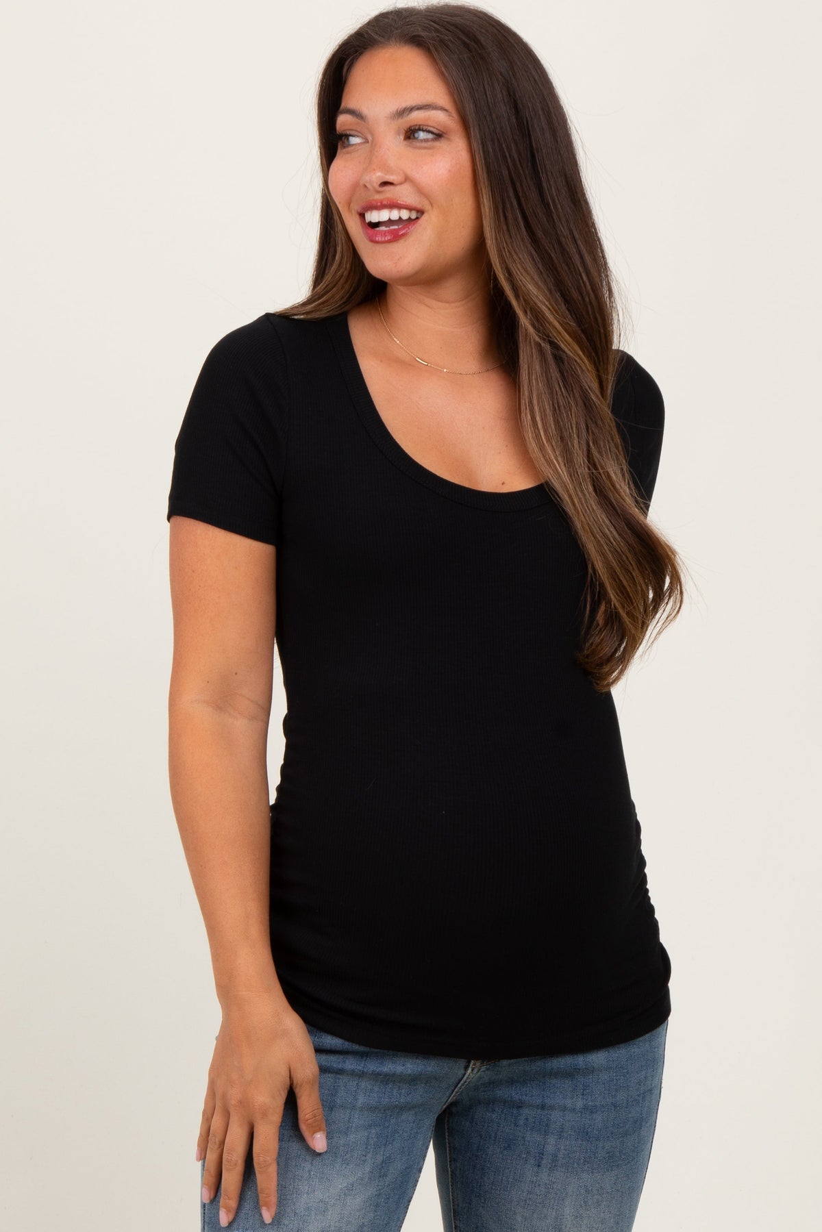 Black Ribbed Scoop Neck Short Sleeve Maternity Top