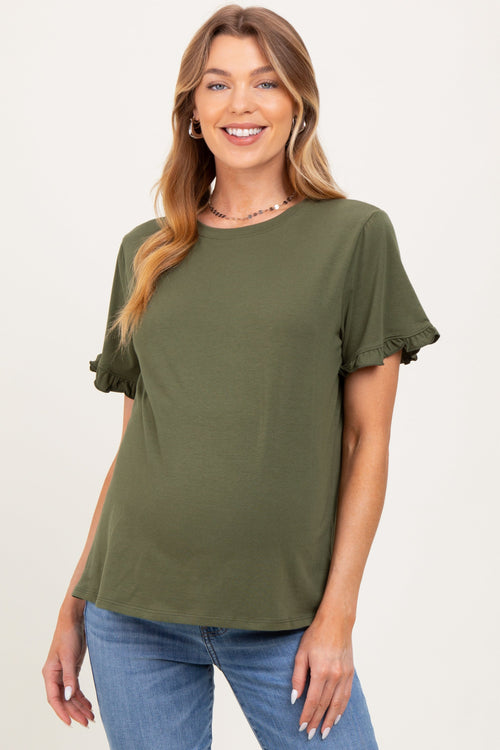 Olive Ruffle Trim Short Sleeve Maternity T-Shirt