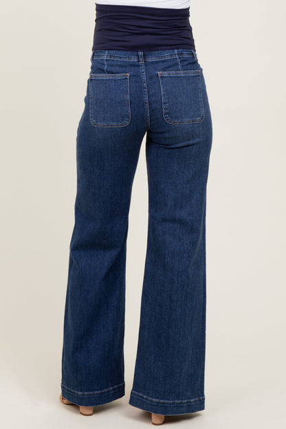 Navy Blue Front Seam Slit Wide Leg Maternity Jeans