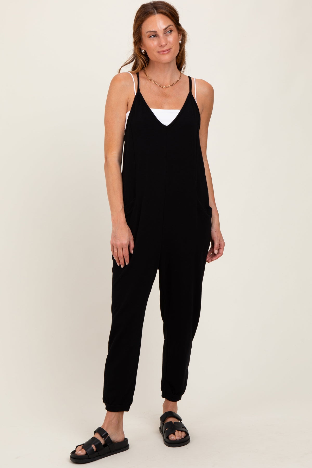 Black V-Neck Sleeveless Maternity Jogger Jumpsuit