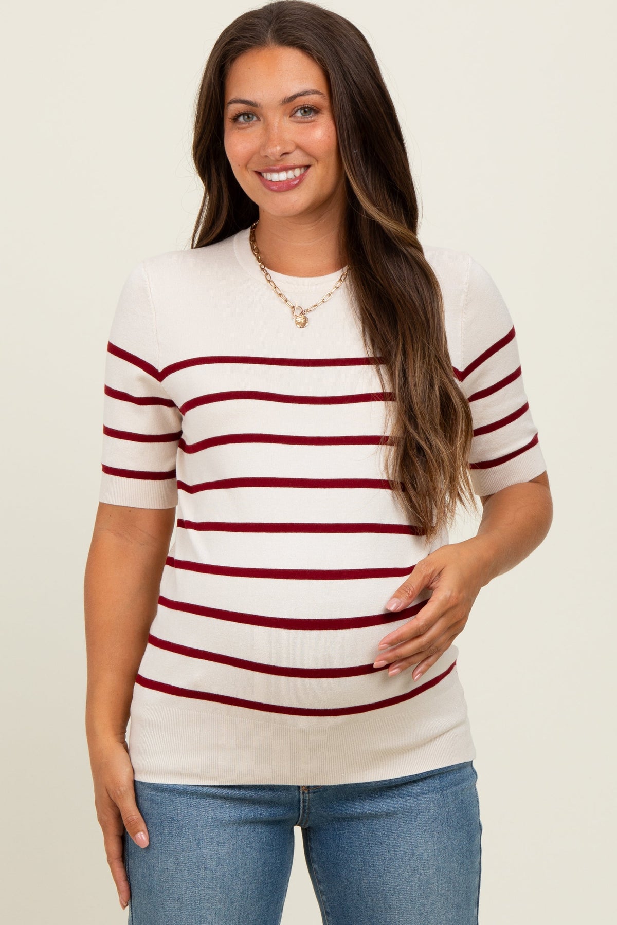 Burgundy Striped Knit Maternity Short Sleeve Top