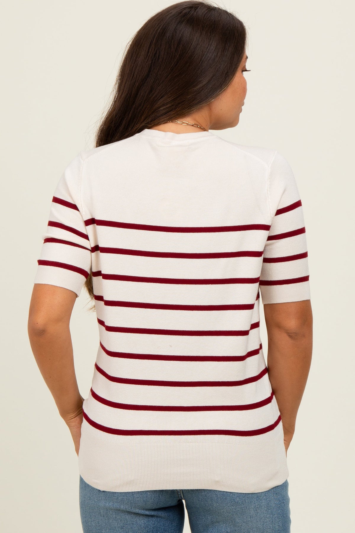 Burgundy Striped Knit Maternity Short Sleeve Top