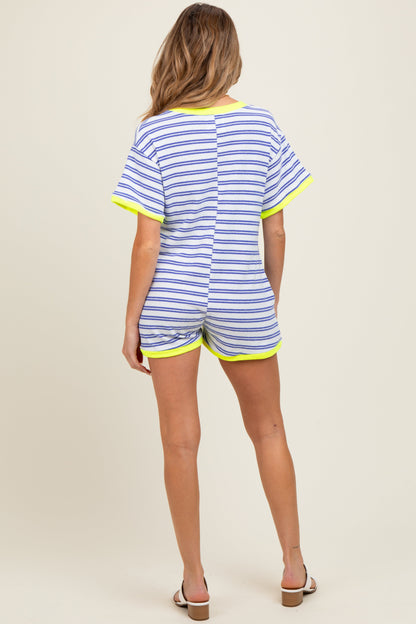 Blue Waffle Knit V-Neck Short Sleeve Maternity Romper