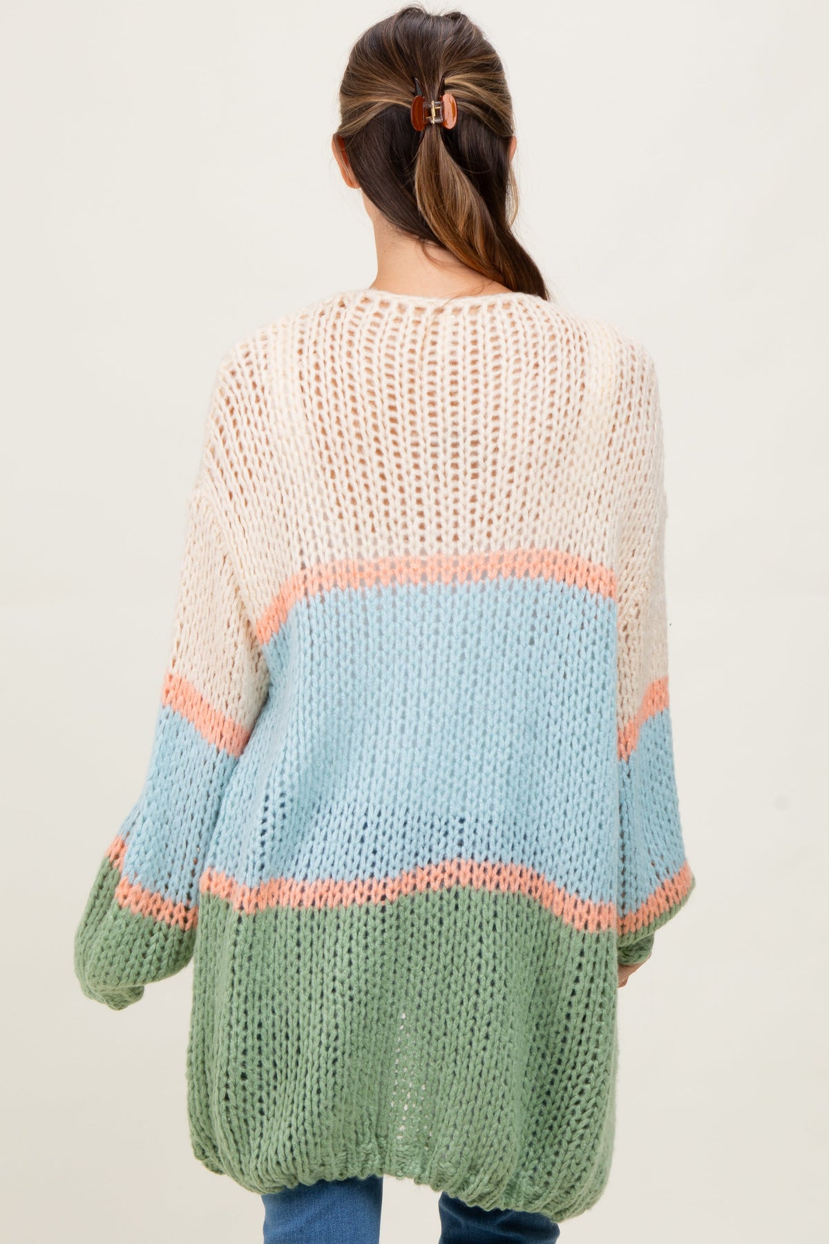 Blue Colorblock Open Knit Maternity Cardigan
