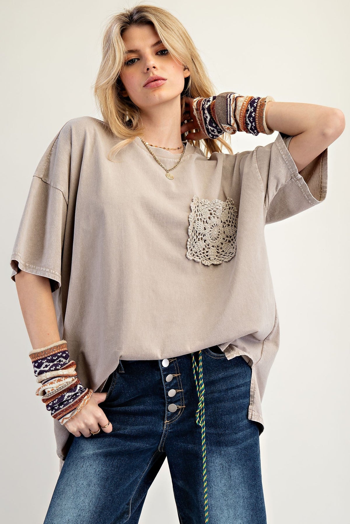 Taupe Mineral Wash Crochet Pocket Maternity Top