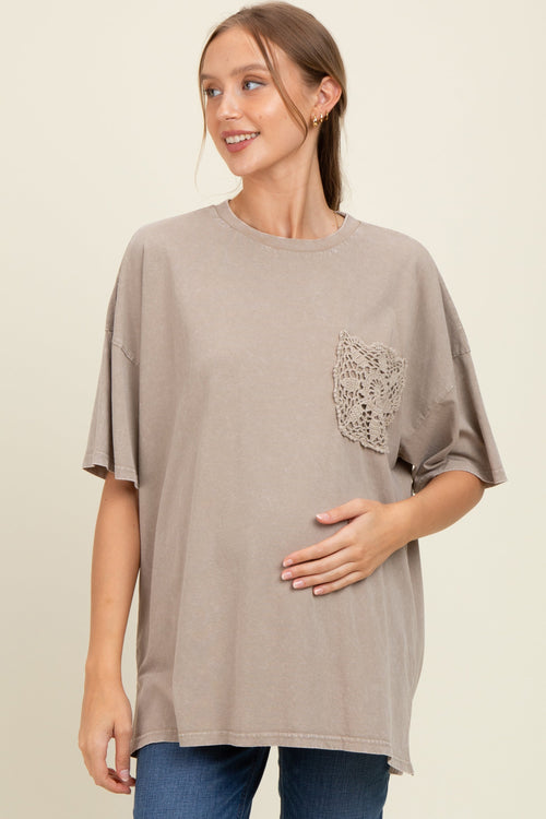 Taupe Mineral Wash Crochet Pocket Maternity Top