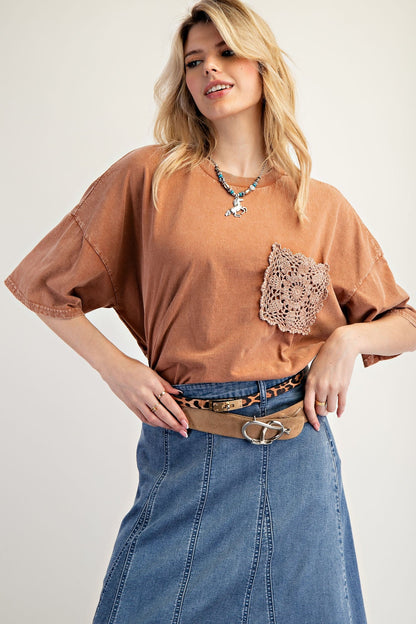 Brown Mineral Wash Crochet Pocket Maternity Top