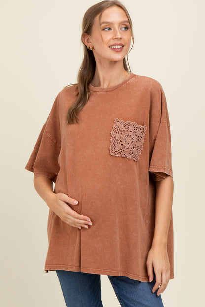 Brown Mineral Wash Crochet Pocket Maternity Top