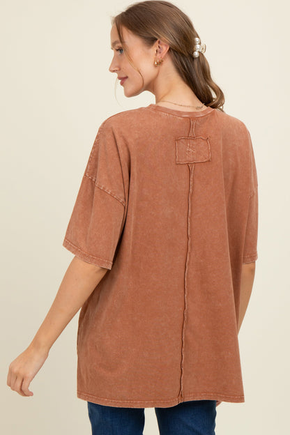 Brown Mineral Wash Crochet Pocket Maternity Top