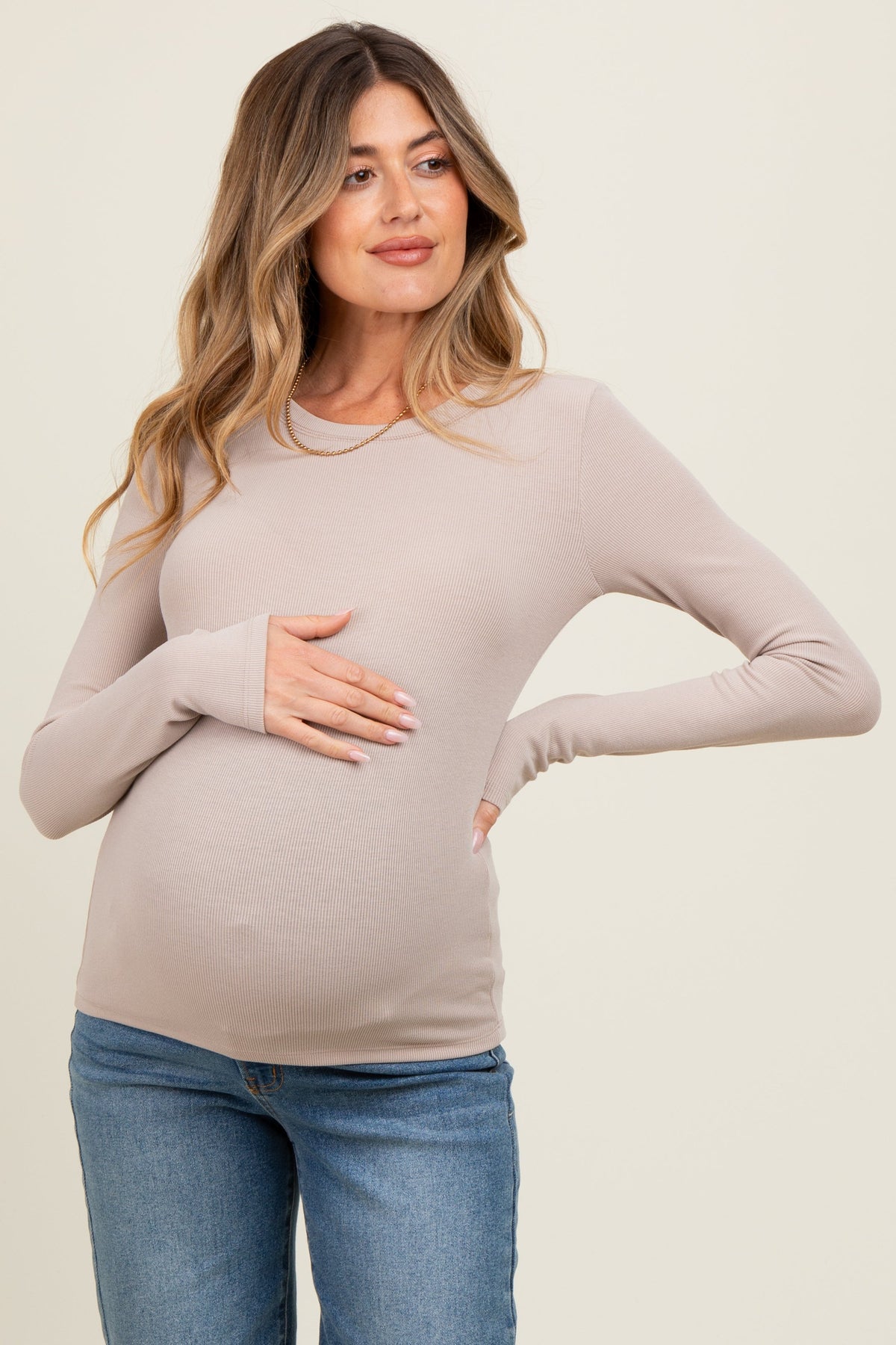 Beige Ribbed Maternity Long Sleeve Top