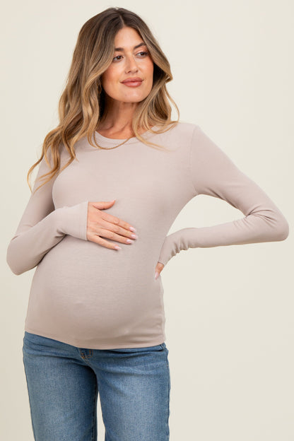 Beige Ribbed Maternity Long Sleeve Top