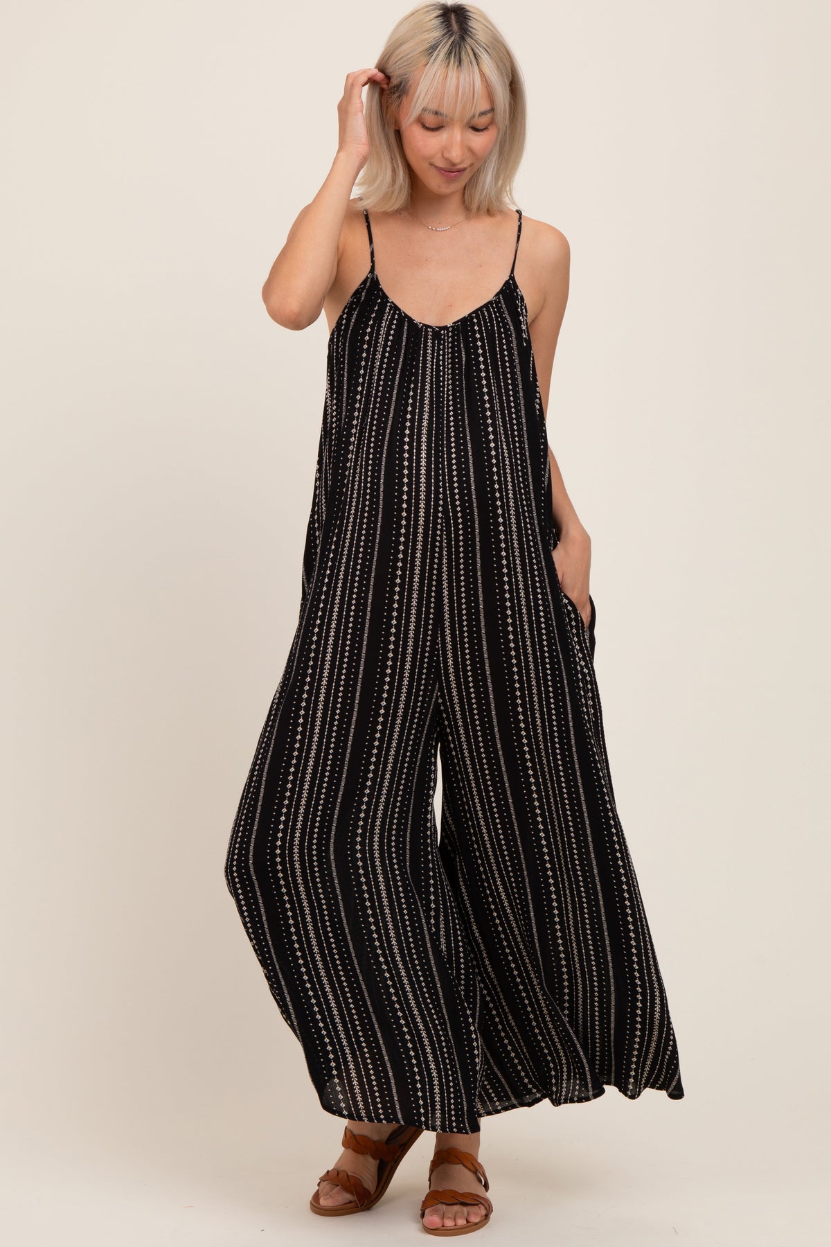 Black Printed Sleeveless Wide Leg Maternity Jumpsuit