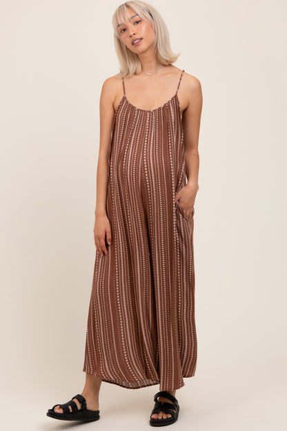 Brown Printed Sleeveless Wide Leg Maternity Jumpsuit