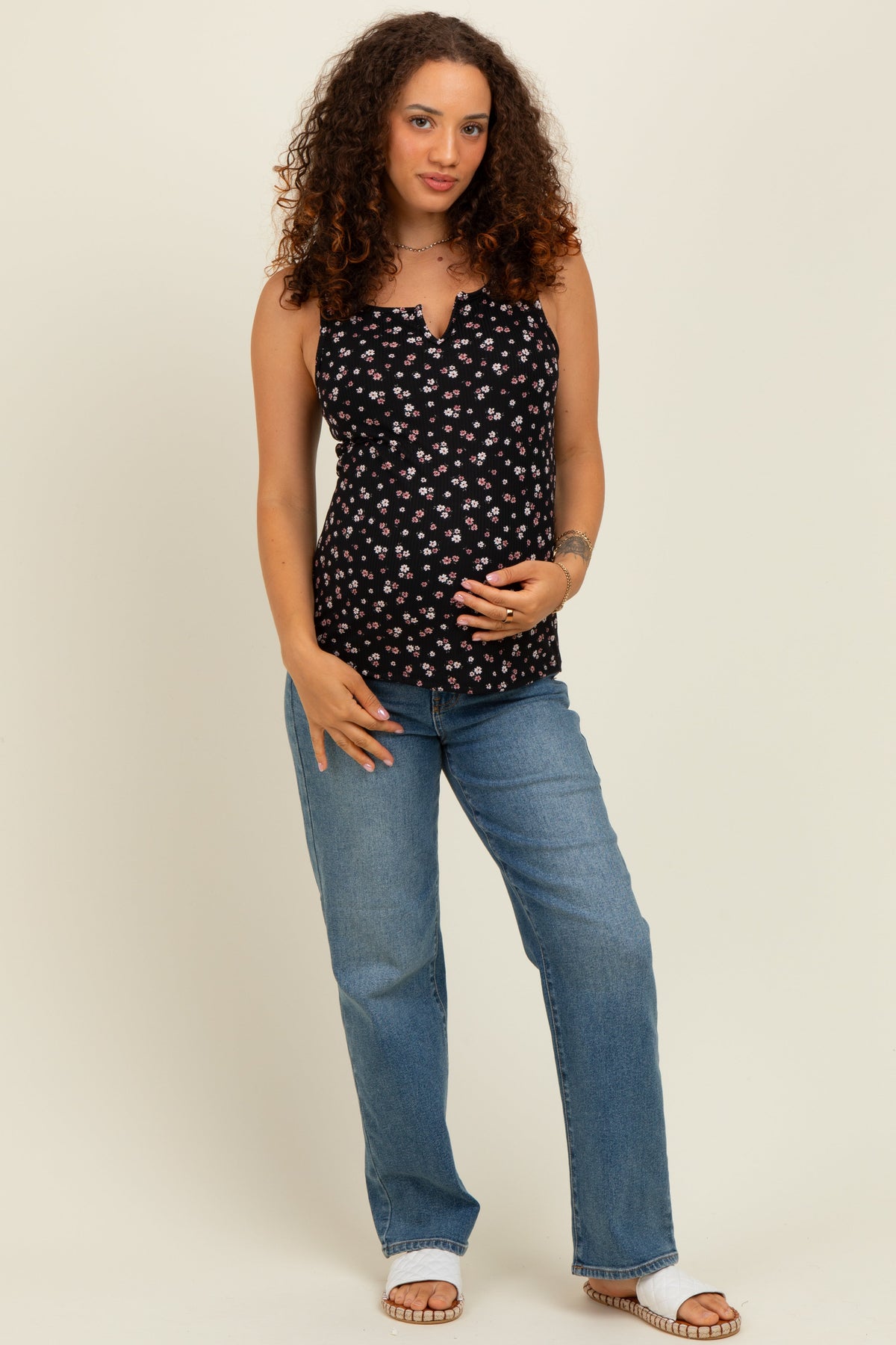 Black Floral Ribbed Split Neck Maternity Tank Top