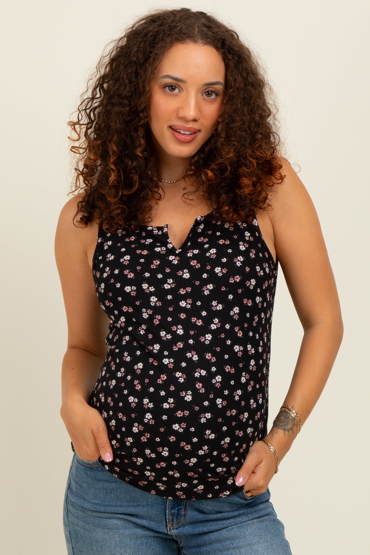Black Floral Ribbed Split Neck Maternity Tank Top