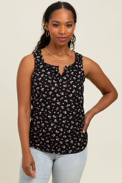 Black Floral Ribbed Split Neck Maternity Tank Top